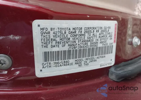 1999 Toyota Camry Xle V6 from USA, damaged, VIN JT2BF28K6X0195582